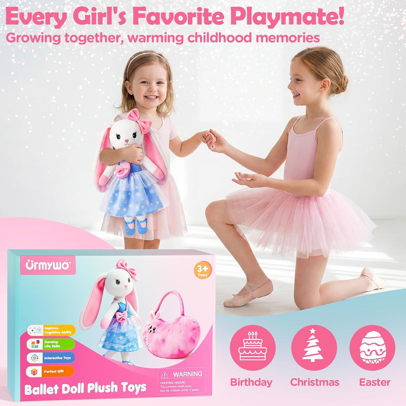 Ballerina Doll Stuffed Animals Girl Toys Age 3-8, Bunny Stuffed Animal, Ballet Dress Up Doll, Kids Pretend Play with 4 Set Clothes, Cape,Plush Bag 3 4 5 6 7 8 Year Old Girl Gifts Dance Recital Gifts