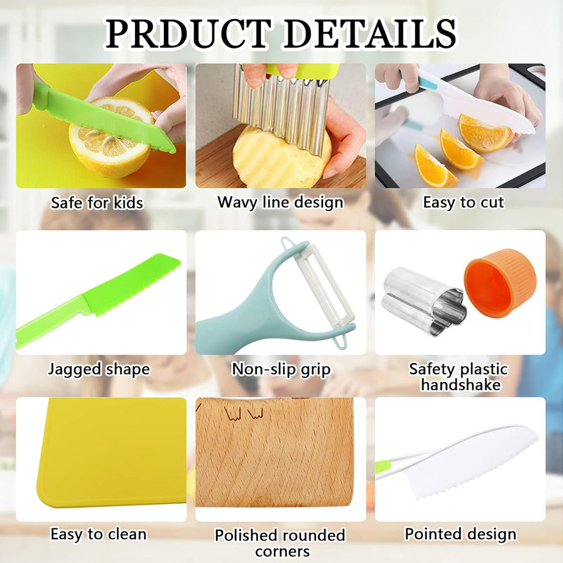 RISICULIS Kids Kitchen Knife, Montessori Kitchen Knife Set for Toddlers | 11Pcs Kids Safe Knife Set for Real Cooking with Wood Plastic Knives Kids Cutting Board, Montessori Gifts for Boys Girls