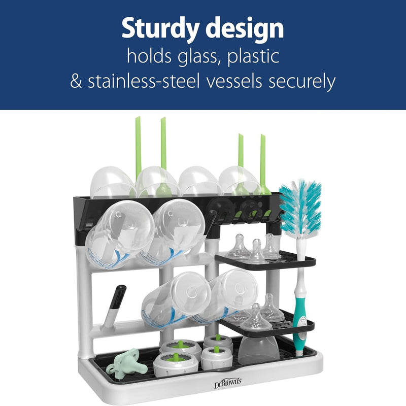 Dr. Brown's Drying Tower, Stand-Up Drying Rack, Countertop Baby Bottle Drying with Organized Storage for Baby Essentials, Space Saving Vertical Rack, Black/White