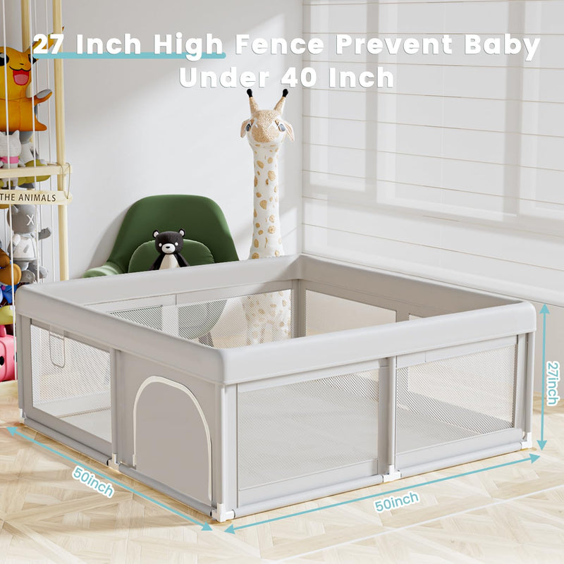 Hiaksedt Baby Playpen 50x50 Inch, Play Pens for Babies and Toddlers | Baby Fence for Indoor & Outdoor, Sturdy Safety Play Yard with Soft Breathable Mesh, Anti-Fall, Grey
