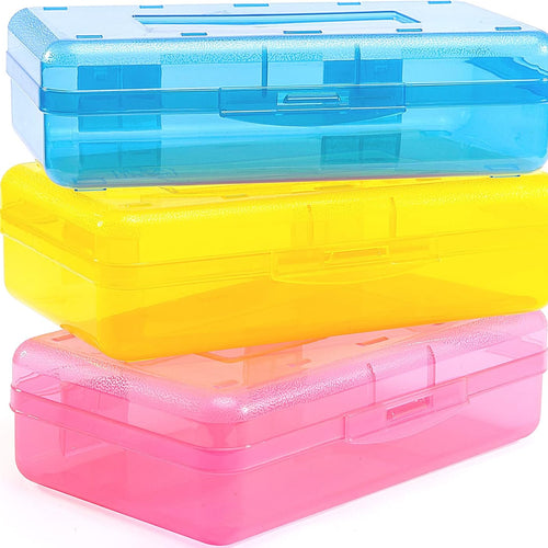 Sooez 3 Pack Pencil Case, Large Hard Pencil Box Bulk, Clear Crayon Box Marker Pen Organizer, Plastic Storage Container with Snap Lid, Art Craft Organizer Back to School Supplies, Colorful
