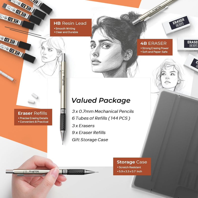 Nicpro 0.7 mm Art Mechanical Pencil Set in Storage Case, 3 PCS Metal Drafting Pencil Lead Pencil with 6 Tube HB Lead Refills, 3 Erasers, 9 PCS Eraser Refills for Artist Writing, Drawing, Sketching