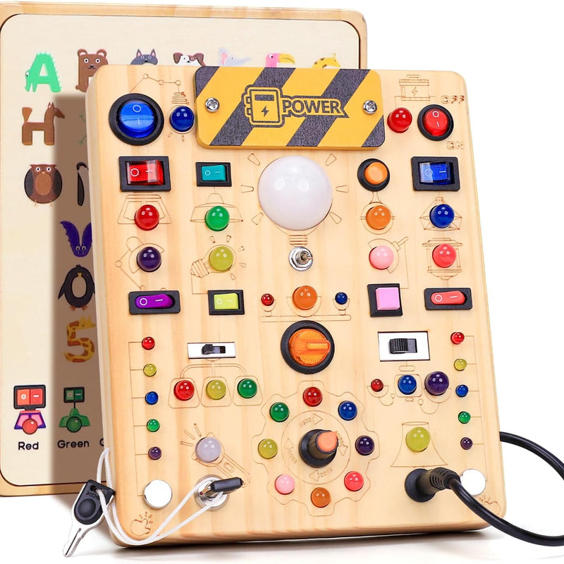 Montessori Toy: 19-Switch Busy Board with LED Lights, Sensory Exploration for Toddlers 1-3 Years
