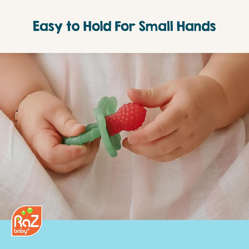 raZbaby raZberry silicone baby teether toy - berrybumps soothe babies sore gums - infant teething toy - hands free design - bpa free - easy-to-hold design - teething relief pacifier - fruit shape/red