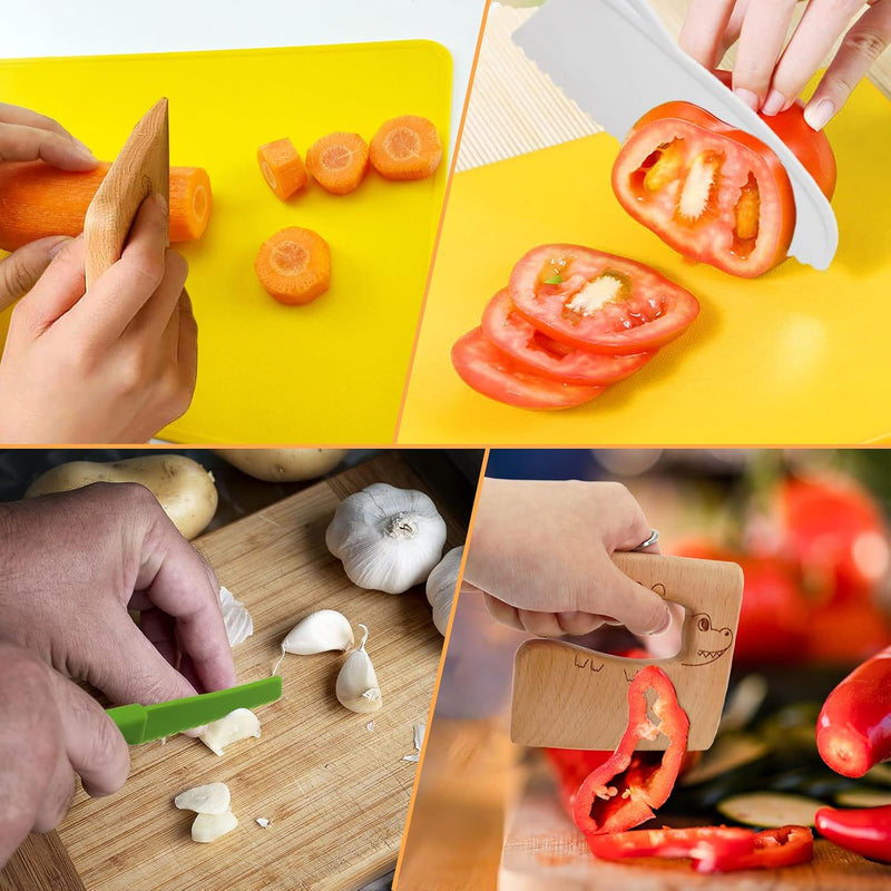 RISICULIS Kids Kitchen Knife, Montessori Kitchen Knife Set for Toddlers | 11Pcs Kids Safe Knife Set for Real Cooking with Wood Plastic Knives Kids Cutting Board, Montessori Gifts for Boys Girls
