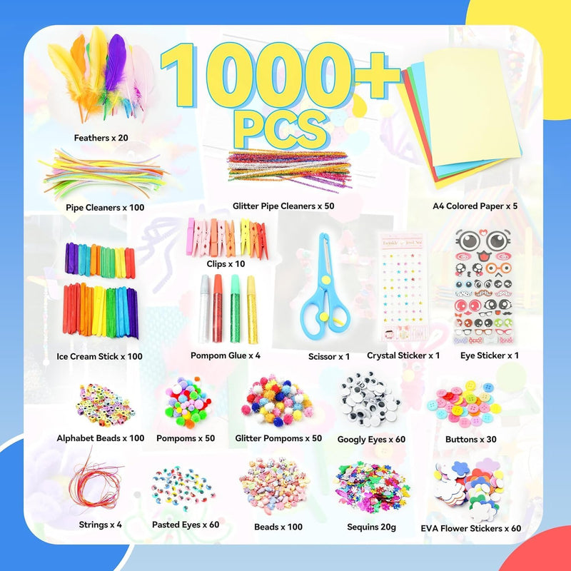 SMILESSKIDDO Kids Arts and Crafts, 1000+ PCS Craft Kits with Storage Box | Portable 3-Layer Folding Storage Box, 1000+ Pcs DIY Craft Supplies, School Craft Projects, Gifts for Girls Ages 4-12