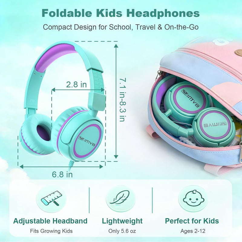 IMYB V1 Kids Headphones with 85dB Safe Volume, Adjustable Fit for Ages 2-12, Ideal for School & Travel