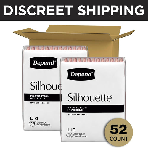 Depend Silhouette Adult Diapers, Incontinence & Postpartum Bladder Leak Underwear for Women, Maximum Absorbency, Large, Pink, 52 Count (2 Packs of 26), Packaging May Vary