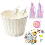 Colored Tassels Kid's Bicycle Basket with Streamers Bell and Stickers, Adjustable Wicker Front Handlebar Bike Basket for Girls and Boys