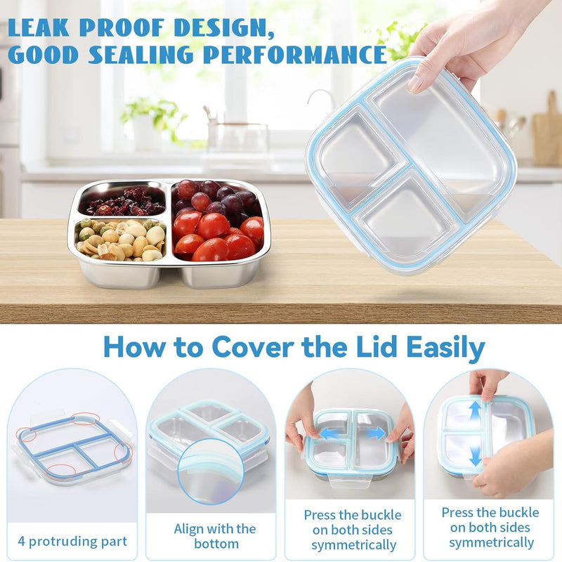 Stainless Steel Snack Containers, 3 Compartments Reusable on and go Bento Box with Lids for Kids, Lunch Box Pre Meal Storage for Daycare School Outdoor Camping Travel - Blue