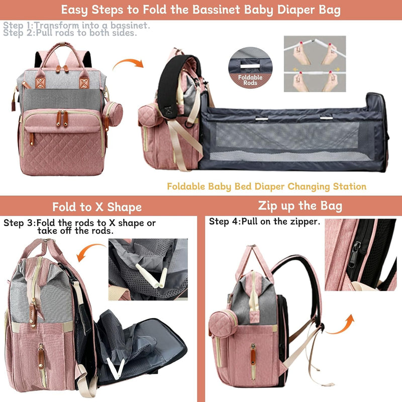 Diaper Bag with Changing Station, Waterproof 3 in 1 Diaper Backpack with Foldable Changing Pad, Large Travel Backpack for Mom & Dad, Baby Gift for Baby Girl & Boy, Pink-Grey