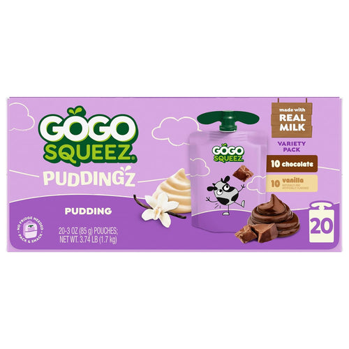 GoGo squeeZ On the Go PuddingZ Variety Pack, 3 oz Pouches, 20 Count | Chocolate & vanilla on the go pudding made with real milk; shelf-stable, no spoon or mess; no preservatives, lunchbox ready