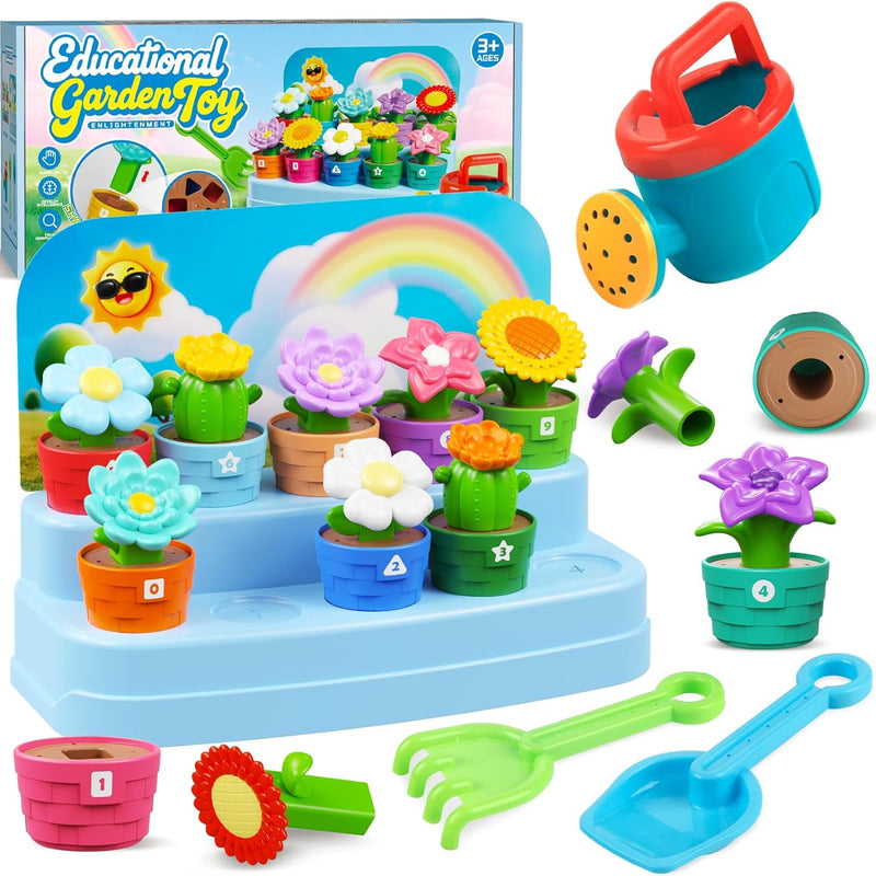 Marlrin Montessori Flower Garden Building Toy 10-potted Flowers Gardening Set for Toddlers, Preschool Learning Toy