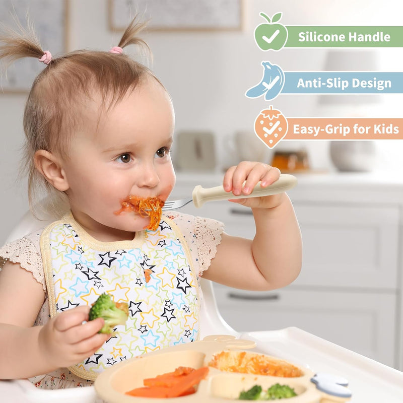 8 Pcs Toddler Forks Set Baby Forks with Silicone Handle | Kids Utensils Anti-Choke Design for Children's Safe Self-Feeding, Food-Grade Stainless Steel, Dishwasher Safe, BPA-Free