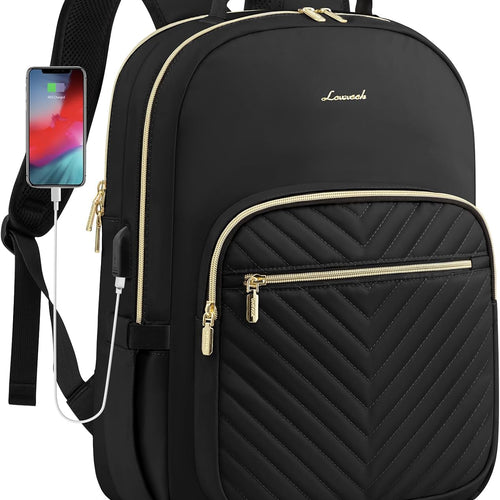 LOVEVOOK Laptop Backpack Purse for Women, Work Travel Computer Bags, College School Backpack for Student Girl, Quilted Casual Daypack with USB Port, Fit 15.6 Inch Laptop, Black