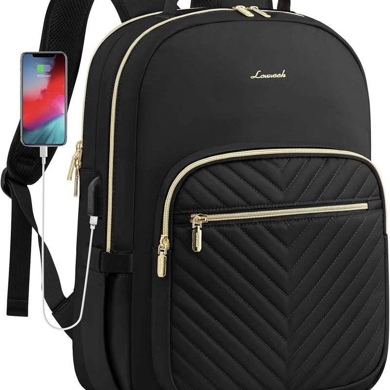 LOVEVOOK Laptop Backpack Purse for Women, Work Travel Computer Bags, College School Backpack for Student Girl, Quilted Casual Daypack with USB Port, Fit 15.6 Inch Laptop, Black