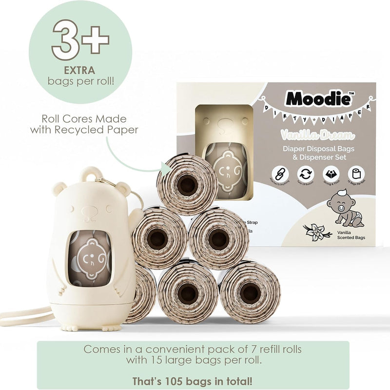 Moodie Disposable Diaper Bags Dispenser COMBO PACK | 105 VANILLA SCENTED Baby Poop Bags TOTAL | Dirty Diaper Trash Bags | Diaper Bags Disposable (VANILLA DREAM)