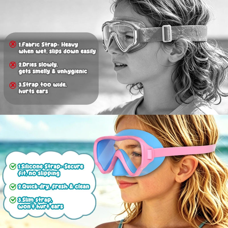 COOLOO 2 Packs Kids Goggles with Nose Cover, 180° Wide View Swimming Goggles for Kids 4-16, No More Hair Snags Anti-Fog No-Leak Snorkel Mask for Boys Girls Youth
