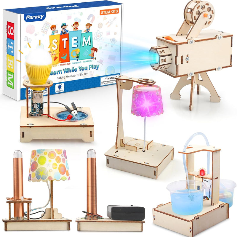 Poraxy STEM Science Kit for Kids Ages 8-10, 5 Set 3D Wooden Puzzles and DIY Educational Science Building Kits