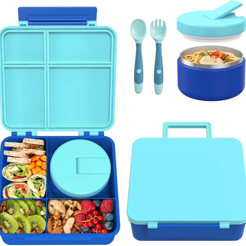 Pawtong Bento Lunch Box with 8oz Soup Thermo, Kids Leakproof Lunch Food Containers with 4 Compartment, Kids Thermo Insulated Hot Food Jar for School, Trvael - (Pink)