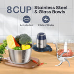 Ganiza Food Processors with 2 Bowls, 450W Meat Grinder Vegetable Chopper | 2-Speed Electric Food Chopper with 8 Cup Glass & 8 Cup Stainless Steel Bowls -Includes 2 Sets of Blades for Fruits/Meat/Nuts