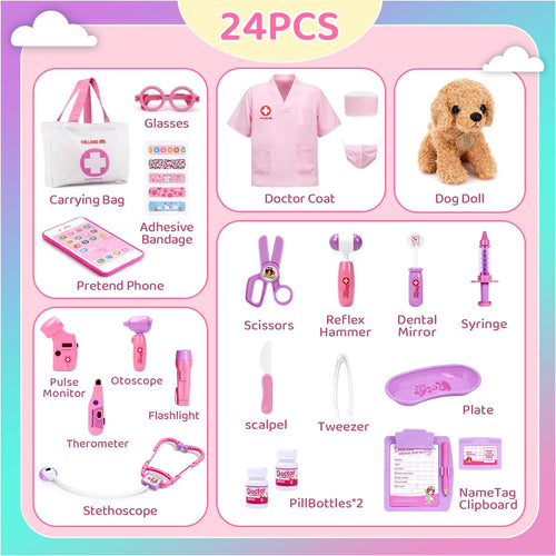 Meland toy doctor kit for girls, pretend play vet dog toys, stethoscope, dress up, 3-6 years old role play