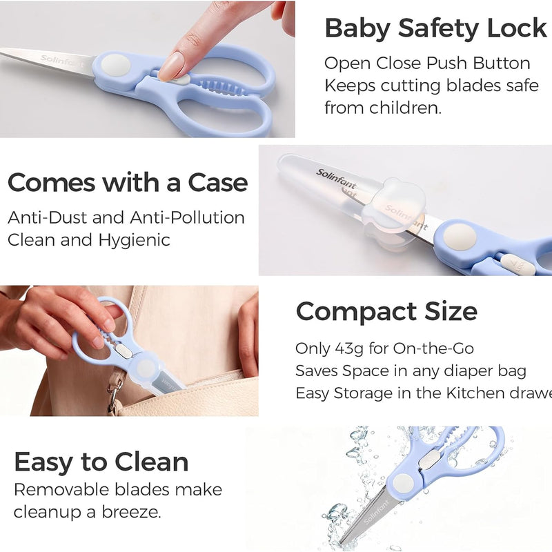 Premium Stainless Steel Portable Baby Food Safety Scissors, Detachable Feeding Shears for Toddlers Infant Kids Food Cutting Meats Noodles Vegetables with Protactive Cover