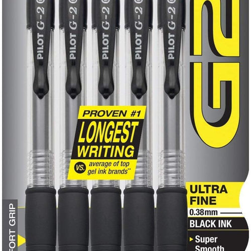 Pilot G2 Premium Refillable and Retractable Rolling Ball Gel Pens, Ultra Fine Point, Gel Ink Pens, 0.38mm, Black Ink, 5-Pack
