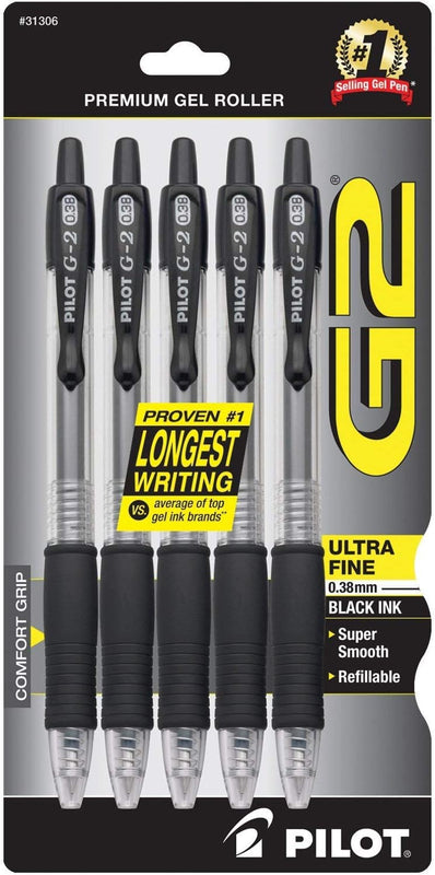 Pilot G2 Premium Refillable and Retractable Rolling Ball Gel Pens, Ultra Fine Point, Gel Ink Pens, 0.38mm, Black Ink, 5-Pack