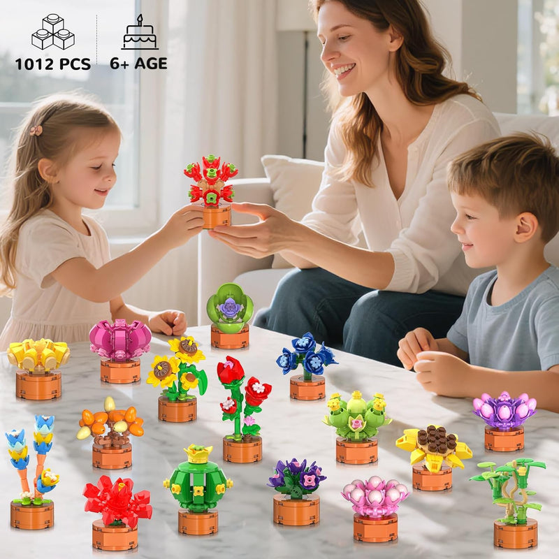 24 Pack Flowers Succulents Party Favors for Kids Building Set - 1012PCS Botanical Bonsai 3.6mm Mini Building Blocks Toy for Goodie Bags Stocking Stuffers Classroom Prize Birthday Gifts for Girl Boy 6+