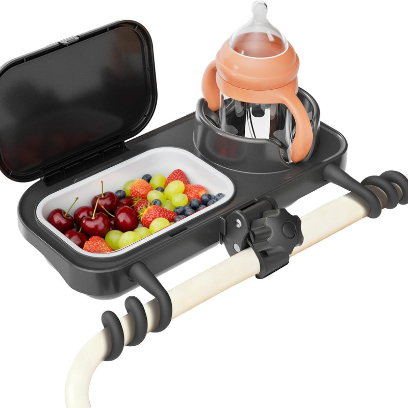 Universal Stroller Snack Tray, Easy Clean Removable Silicone Insert | for Mockingbird Nuna Bugaboo, Dual-Lock Sturdy Grip, Different Size Cups Holder, Easy to Attach, Toddler Snacking On The Go