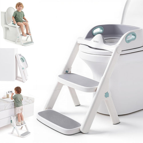 Potty Training Seat, 2-in-1 Toddler Toilet Seat with Steps, Upgrade Potty Step Stool for Toddler with Anti-Slip Pad Step Stool, Extended Splash Guard, Foldable Potty Ladder Boys Girls, Green