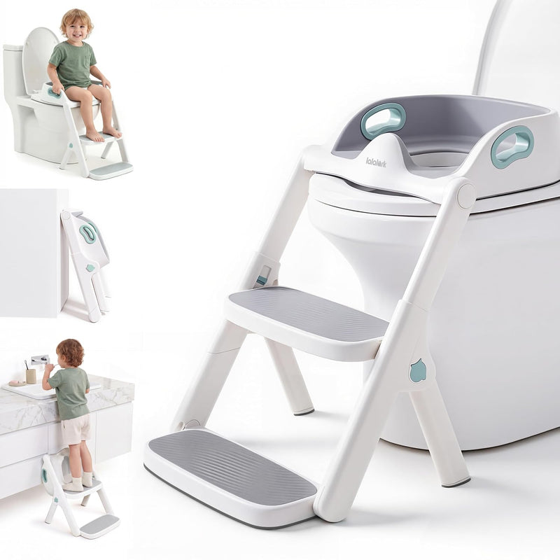 Potty Training Seat, 2-in-1 Toddler Toilet Seat with Steps, Upgrade Potty Step Stool for Toddler with Anti-Slip Pad Step Stool, Extended Splash Guard, Foldable Potty Ladder Boys Girls, Green