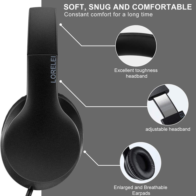 LORELEI X6 Over-Ear Wired Stereo Bass Headphones with Microphone, Lightweight, Foldable & Portable with 1.45M No-Tangle for Smartphone, Tablet, MP3/4, Space Black