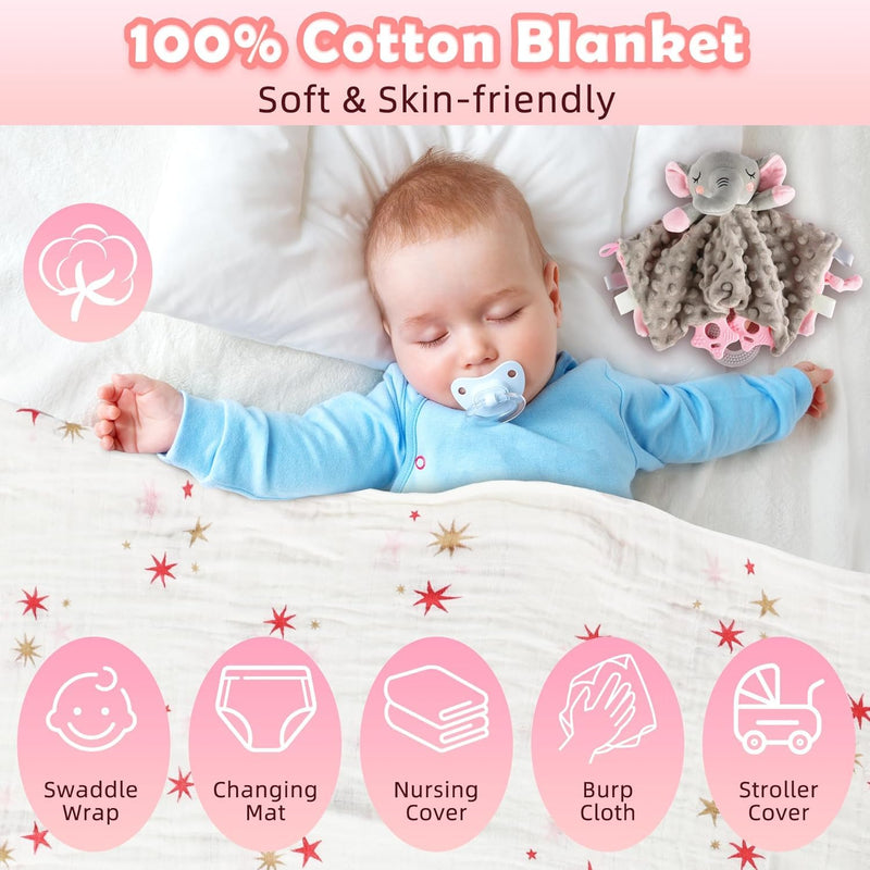 Newborn Baby Girl Gift, 9 Pcs Baby Gifts for Girls Newborn Essentials, New Baby Girl Gift Basket Baby Shower Gender Reveal Gifts, New Mom Gift Swaddle Blanket Bunny Rattle Gift Set