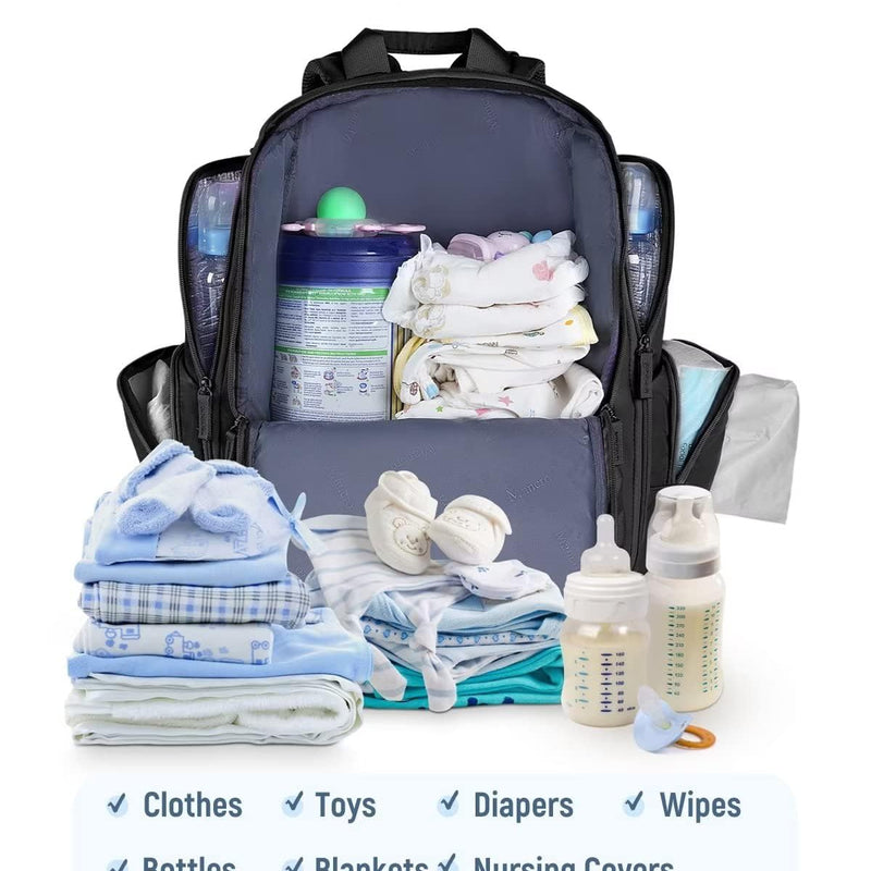 Mancro Diaper Bag Backpack, Dad Diaper Bag with 2 Side Insulated Pockets | Multifunctional Water Resistant Diaper Backpack for Men Women with Stroller Straps, Travel Baby Bag Backpack, Black