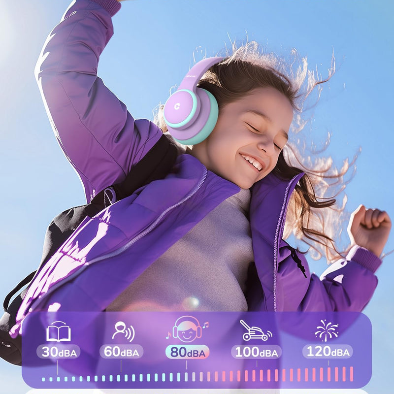 iClever BTH26 Active Noise Cancelling Headphones for Kids, 60H Playtime | SafeSound Tech 3.1, USB C Fast Charging, Bluetooth5.4, Kids Bluetooth Headphones, with Mic AUX Cord for iPad Airplane, Purple