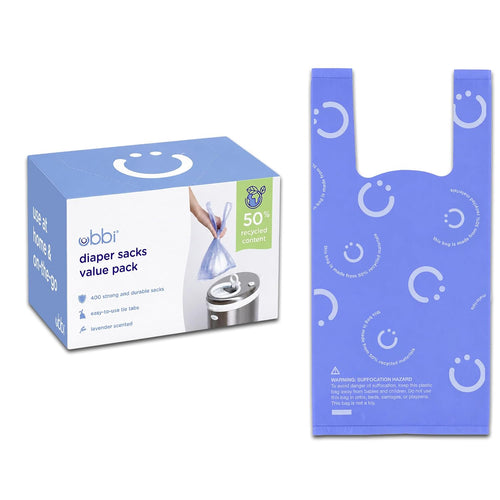 Ubbi Disposable Baby Diaper Sacks, Lavender Scented, 400 Count | Easy-To-Tie Tabs, Made from 50% Recycled Material, Disposable On-The-Go Bags, Diaper Bag and Travel Essential