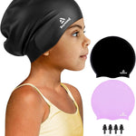 2 Pack Kids Extra Large Swim Cap for Long Thick Hair, Waterproof Silicone Swimming Cap for Toddler Child Youth Girls Boys, Durable Swim Hats Bathing Caps for Braids, Dreadlocks, Extensions, Afros