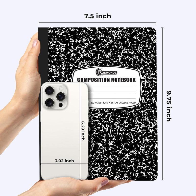 Rosmonde College Ruled Composition Notebooks 5 Pack, 200 Pages (100 Sheets), 9-3/4" x 7-1/2", White & Black Marble Composition Book, Hard Cover, Sturdy Sewn Binding, School, College & Office Supplies