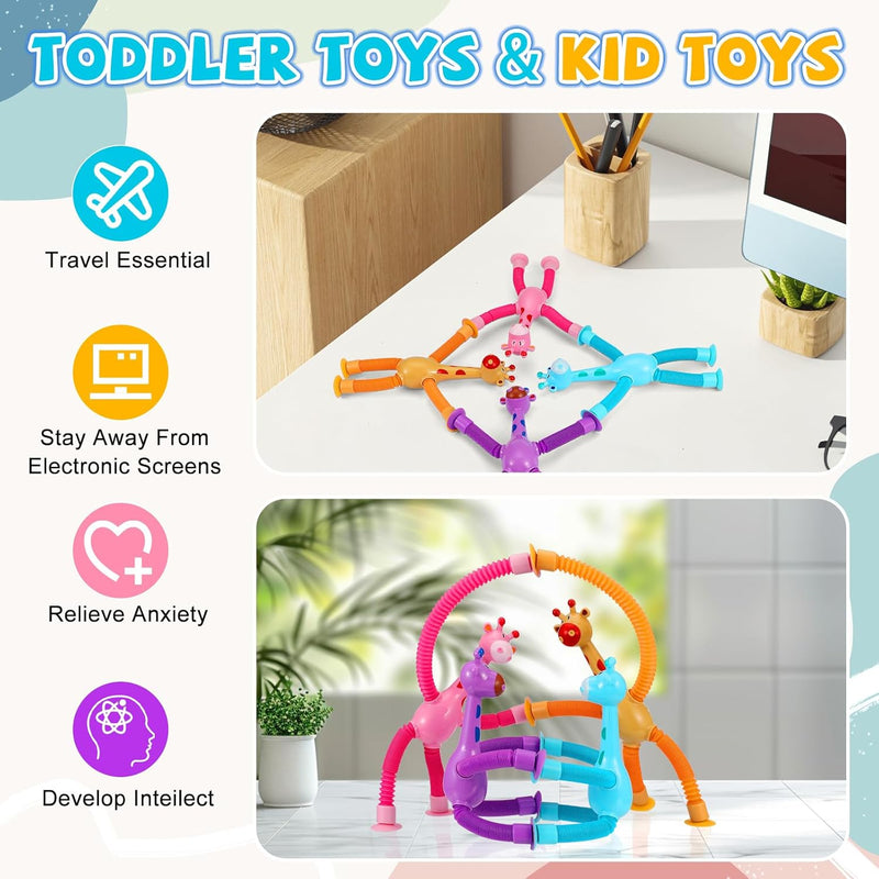 xonteus 4 pcs pop tubes giraffe toys, telescopic suction cup sensory fidget toys for kids, travel friendly entertainment essentials
