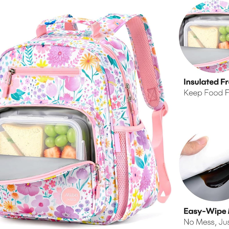 mibasies Kids Backpack for Girls: Girls Backpack 5-8 - Kindergarten Elementary School Bookbag for Girl - Flower Pink