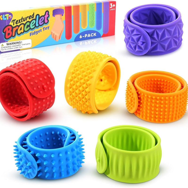 Sensory Fidget Toys for Kids: Textured Silicone Slap Bracelets 6 Pack, Stress Relief Fidgets for Autism ADHD, Wearable Sensory Toys for Adults Office Desk, Calm Down Travel Airplane Toys