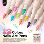 12 Colors Nail Art Pens Set, 3D Nail Polish Pens, Quick-Drying Acrylic Paint Markers, 0.7mm Dotting Painting Liner Brush for DIY Nail Design, Home & Salon Manicure Tools