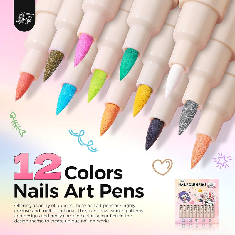 12 Colors Nail Art Pens Set, 3D Nail Polish Pens, Quick-Drying Acrylic Paint Markers, 0.7mm Dotting Painting Liner Brush for DIY Nail Design, Home & Salon Manicure Tools