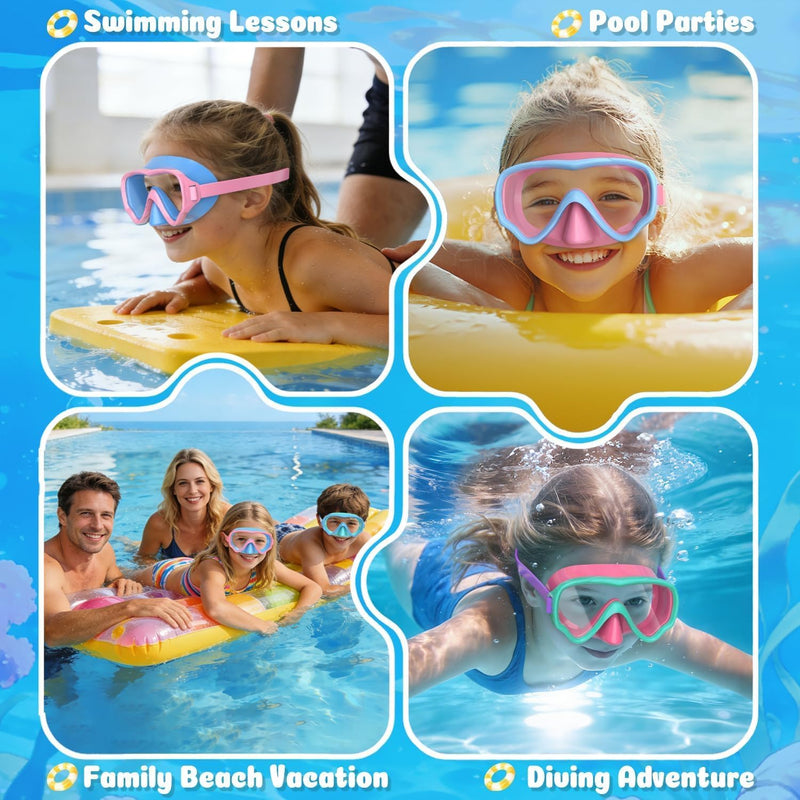 COOLOO 2 Packs Kids Goggles with Nose Cover, 180° Wide View Swimming Goggles for Kids 4-16, No More Hair Snags Anti-Fog No-Leak Snorkel Mask for Boys Girls Youth
