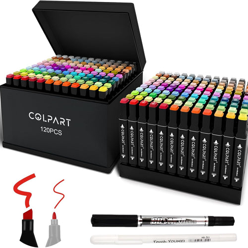colpart 120 Colors Alcohol Markers Set Dual Tip Art Markers for Kids Marker Pens with Pen Holder and Case for Adult Painting Supplies Perfect for Painting, Coloring Book, Sketching and Drawing