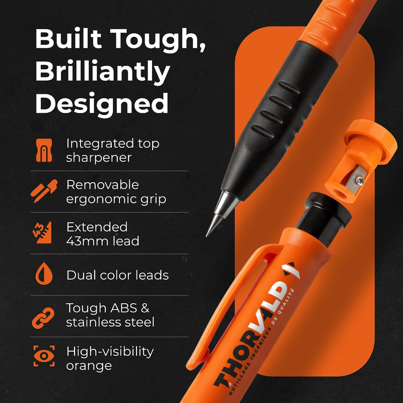 THORVALD New 3-in-1 Carpenter Pencils with Finger Grip for Construction - Incl. 7 Leads + Sharpener - Solid Mechanical Pencils with Fine Point/Best Marking tools Construction/Carpenters/Scriber