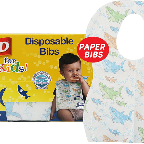 Glad for Kids Disposable Paper Bibs with Crumb Catcher, Sharks, 30 Count | Absorbent, leakproof design for mess-free feeding at meals, crafts, parties, and travel