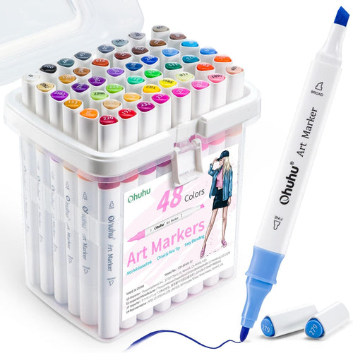Ohuhu Alcohol Markers for Beginners 48 Colors Fine& Chisel Great Value Pack | Dual Tips Alcohol-based Art Marker for Adult Coloring Illustration Drawing with Colorless Blender Storage Case